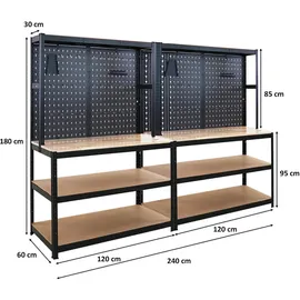 Proregal Mega Deal 2x Profi Werkbank GIANT BEAST mit Lochwand 180x120x60cm Fachlast 175kg Inkl. Werkzeughalter Set Schwarz