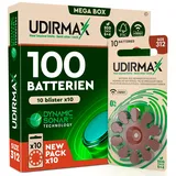 100 Batterien für Hörgeräte Größe 312 Udirmax PR41 Braun Zink-Luft mit Dynamic Sonar Technologie Öko-Pack - 10 umweltfreundliche Blisterpackungen mit 10 Hörgerätebatterien