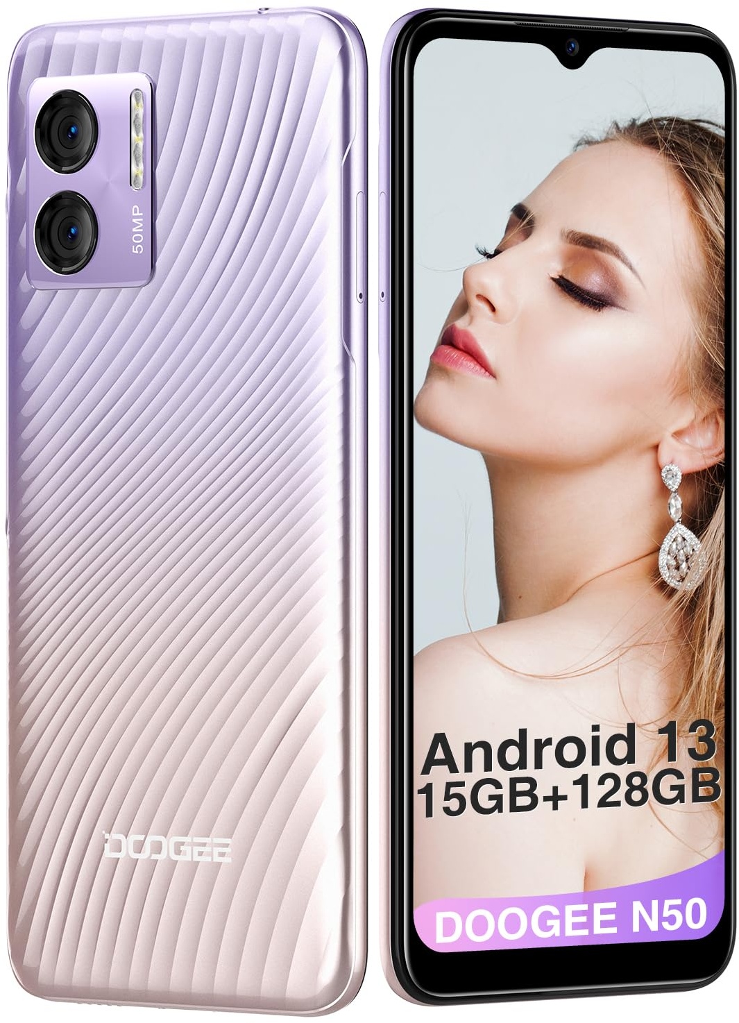 DOOGEE N50 Handy Ohne Vertrag(2023), Android 13 Smartphones, 15GB RAM 128GB ROM, 6,52" HD+ Octa-Core, Smartphone Ohne Vertrag 50MP+8MP, 4G Dual SIM/Face ID/Fingerabdruck/GPS, 4200mAh Akku, Rosa