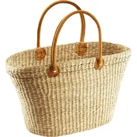 Kobolo Korbtasche Einkaufstasche Flechttasche Strandtasche Seegrastasche natur Ledergriffe