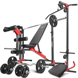 Set MH25_132KG_KIER | verstellbare Hantelbank + Hantelständer MH-S201 + Beintrainer + Latzug + Scott-Bank + Hantelstangen/Hantelscheiben Set 83 kg - Marbo Sport