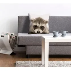 Dekokissen QUEENCE "Dean", grau (grau, bedruckt), B:40cm L:40cm, Polyester, Dekokissen_Sitzkissen_Kissenhüllen, Kissenhülle,Waschbär,Lustig,Tiere,Niedlich,Freundlich,Natur,Wald,Bunt