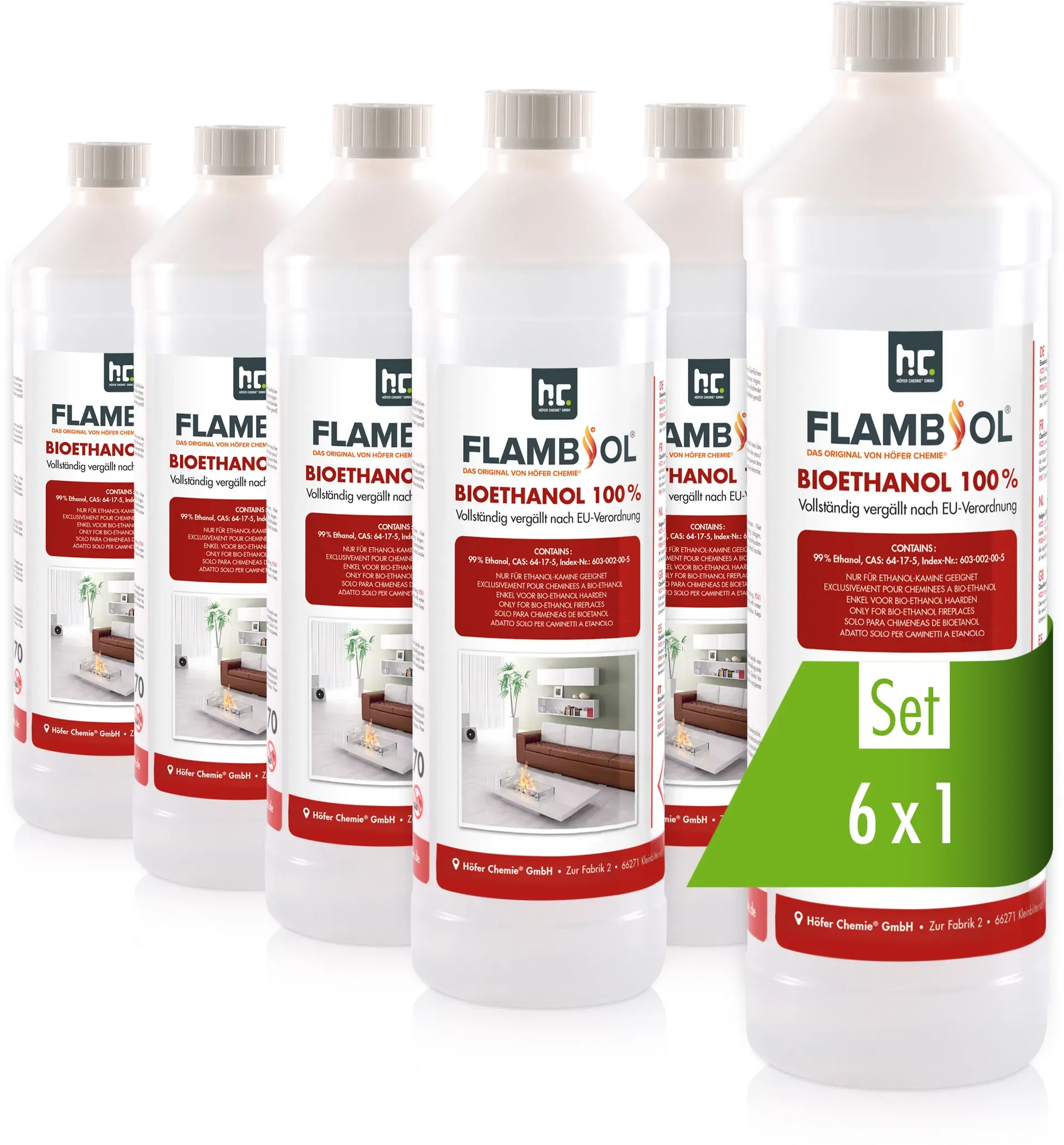 6 x 1 L FLAMBIOL® Bioethanol Hochrein 100 % in Flaschen für Edelstahl-Tisch-Kami...
