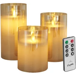 Candela Lights LED Kerzenglas 3er Set Gold Echtwachs inkl. Glas mit Fernbedienung Timer Funktion & mehrstufig dimmbar bewegliche Flamme Echtwachskerzen