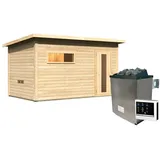 Woodfeeling Karibu Gartensauna Saunahaus Hytti 6 naturbelassen Energiesparende Saunatür 9 kW Ofen inkl. Steuergerät inkl. 8-teiligem gratis Zubehörpaket (Gesamtwert 191,92€)