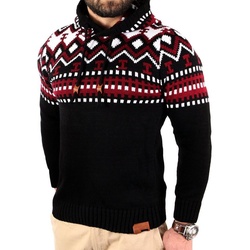 Reslad Strickpullover Reslad Herren Grobstrick Pullover Norweger Winter Kapuzenpullover (1-tlg) Strickpullover Männer Norwegermuster mit Kapuze rot|schwarz L