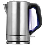 MPM MCZ-121M Wasserkocher 1,7L, Edelstahlgehäuse, 2200W, Automatische Deckelöffnung, Blau beleuchteter Wasserstandsanzeiger, Austauschbarer Filter, Stahl