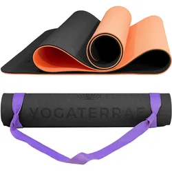 Schwarze Korallen-Yogamatte aus TPE mit Baumwollgurt SCHWARZ|blasses Korallenorange 183 CM