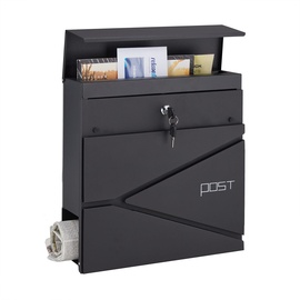 Relaxdays Briefkasten mit Zeitungsfach, HBT 37 x 37 x 11 cm, 2 Schlüssel, Stahl, moderner Postkasten mit Muster, schwarz