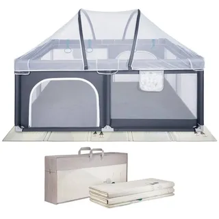 Onvaya ONVAYA® Laufgitter mit Faltbarer Spielmatte und Insektenschutznetz Laufstall für Babys 120 x 160 cm | Schutzgitter für Kinder | Rechteckiges Krabbelgitter | Absperrgitter | Babyzaun