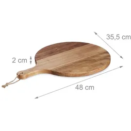 Relaxdays Pizzabrett, aus Akazienholz, Ø 35,5 cm, Pizzateller mit Griff, Käsebrett, Natur