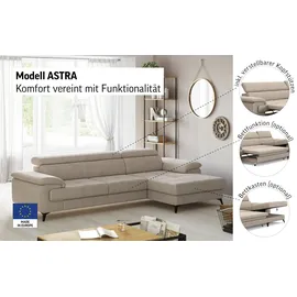 Cotta Ecksofa COTTA "Astra L-Form, B: 300 cm", snow, B:300cm T:169cm, 100% Polyester (PES), Sofas, Ecksofa, mit Kopfteilverstellung, optional Bettfunktion & Bettkasten