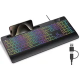 seenda KOE200 Kabelgebundene Tastatur beleuchtet, ergonomische Tastatur mit Handyhalter und Handballenauflage für PC/Tablet/Smarthandy/Windows/Mac, USB & Typ C Kabel, leise Klicken - QWERTZ Layout