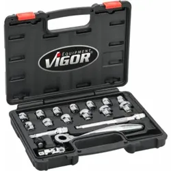VIGOR Innenvierkant Antrieb 10 = 3/8 Zoll Steckschlüssel-Satz, superflach V6202 ∙ Anzahl Werkzeuge: 18