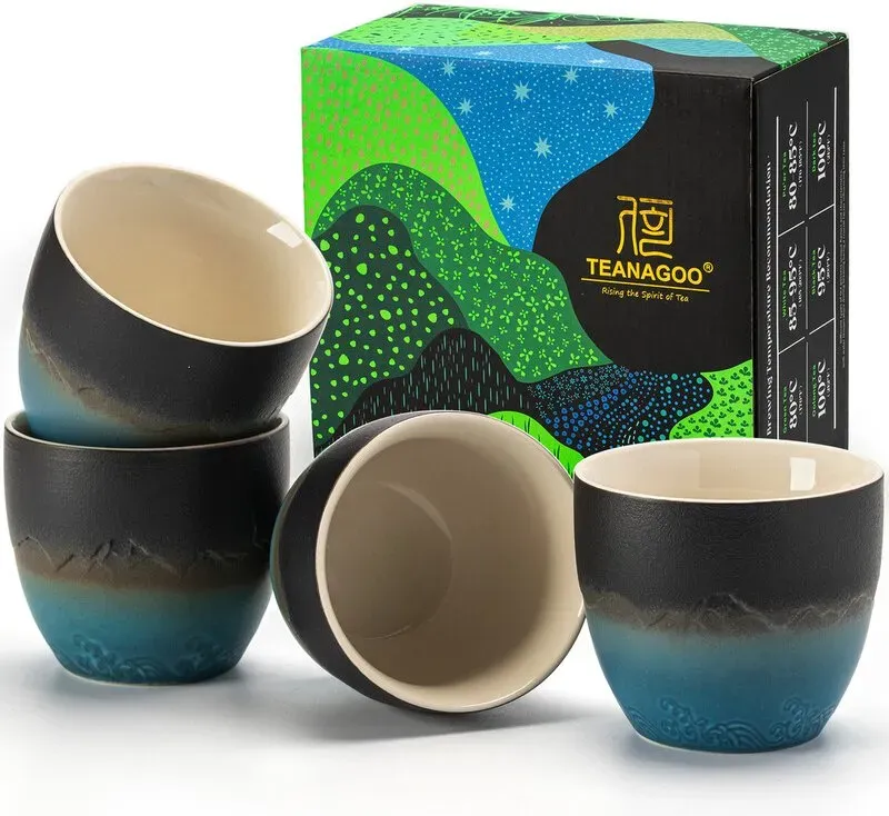 TEANAGOO Japanische Teetassen, 5.6 Unzen / 160ml, Verlauf Navy Blau, 4 Stück/Box, H23, Asiatische Teetassen ohne Henkel, Keramik für Japanischen & Chinesischen Tee, Neujahrsangebot, Top-Geschenkempfehlungen