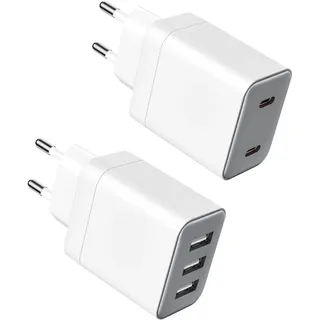 SCHITEC 2er Pack USB C Ladegerät, 20W Dual PD Ladeadapter 15W Power Adapter, Ladestecker Schnellladegerät USB-C, USB Mehrfach Netzteil für iPhone 15 Pro Max 14 13 12, Pad, Pods, Samsung Galaxy