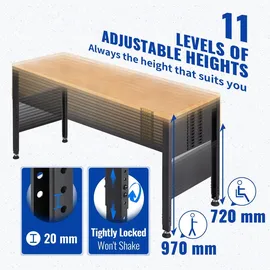 Vevor Höhenverstellbare Werkbank 135 x 46 x 72 - 97 cm Spanntisch, 900 kg Gewichtskapazität Arbeitstisch, Braun Klappbare Werkzeugbank aus Kaltgewalzter Stahl, Multifunktionswerktisch für Lager & Büro