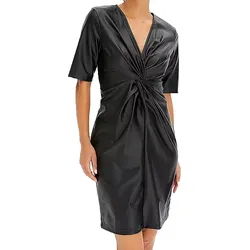 Damen Sommer-Kleid geknotetes Kunstleder-Kleid Mini-Kleid Kurzarm-Kleid 923740 Schwarz - 38