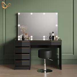 livinity Schminktisch Imola, Schwarz/Gold, mit LED Beleuchtung und Hocker