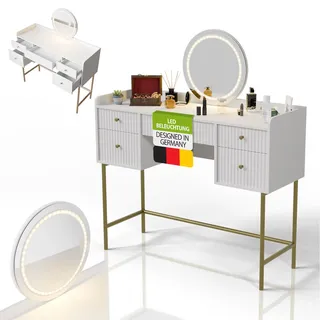 Juskys Schminktisch Samira mit Touch-LED-Spiegel, & viel Stauraum, 5 Schubladen – Weiß/Gold