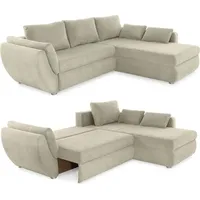 Ecksofa Schlaffunktion Couch mit Rutschenlehne Bettkasten in Cord Beige Grau / 15227 - Beige