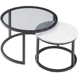 [en.casa] Couchtisch 2er Set Kokkola Rauchglas/Marmoroptik, weiß