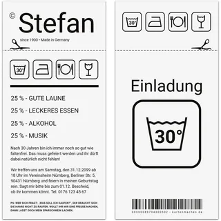 Kartenmachen.de Personalisierte 10-100x Einladungskarten runder Geburtstag 30 Jahre Grad Geburtstagseinladungen - Waschanleitung