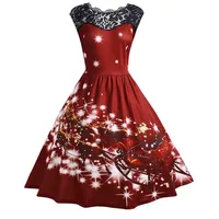 Damen Weihnachten Kleider 1950er Vintage Retro Cocktailkleid Rockabilly Rundhals Faltenrock Weihnachtskleid Hepburn Weihnachten Druck Partykleid A-Linie Swing Kleid Dress - M