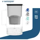 Wessper Wasserfilterkanne aus Glas 3L Kompatibel mit Brita-Wasserfilterkartuschen, Inklusive 1 Wasserfilter-Kartusche, Reduziert Kalk und Chlor,