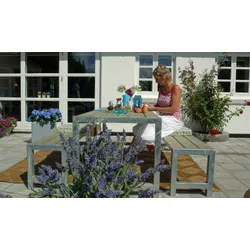 Planken Gartenmöbel – Gartenmöbel aus Thermoholz, robust – Outdoor-Sitzgarnitur in Natur / Silber – Outdoor-Bistroset ideal für Terrasse und Garten