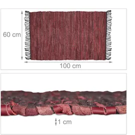 Relaxdays Flickenteppich, 60x100 cm, Baumwolle & Leder, handgewebt, Schwarze Fransen, rutschfest, Fleckerlteppich, rot