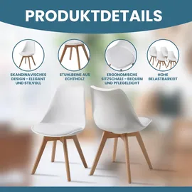 Albatros Esszimmerstühle 4er Set AARHUS, Weiss - Beine aus Buche Massiv-Holz, Skandinavisches Retro-Design, bequemer Schalenstuhl - Eleganter Küchenstuhl, Stuhl Esszimmer Stühle,