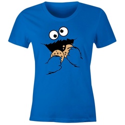 MoonWorks Print-Shirt Damen T-Shirt Krümelmonster Keks Cookie Monster Fasching Karneval Kostüm Slim Fit Moonworks® mit Print blau L