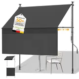 Klemmmarkise mit Einstellbare Handkurbel, Balkonmarkise ohne Bohren mit 90 cm Seiten-gewebe, Markise Sonnenschutz, UV-beständig & höhenverstellbar für Outdoor, Terrasse, Garten, Dunkelgrau, 150x150 cm
