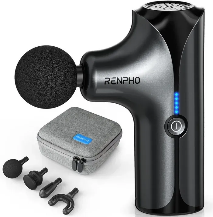 RENPHO Massagepistole, Mini-Massagepistole, Tiefengewebe-Schlagmassagegerät mit 4 Köpfen und 5 Modi, Tragbare Größe, Lange Akkulaufzeit, Geschenk für Männer, Frauen - Schwarz
