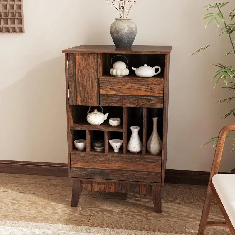 Caldion Kommode mit Flaschenfächern und Türfach, dunkles Holz, MDF, 80×50×40 cm