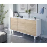 Dmora - Anrichte Arvada, Modernes Sideboard mit 3 Türen und Einlegeböden, Küchenbuffet, Wohnzimmer-Design-Buffet, 154x40h75 cm, Weiß und Eiche