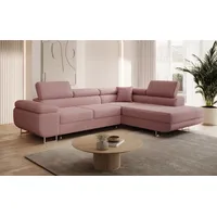 thematys Ecksofa ASTON mit Schlaffunktion & Bettkasten – Cordstoff TILIA, - mit 3 verstellbaren Kopfstützen, – L-Form 273×203 cm – Schlafsofa mit Auszug rosa