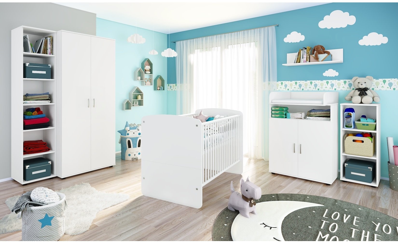 nonjoo. Babyzimmer Lunis Set 6: best. aus Babybett, Kommode, Wickelaufsatz, Wandboard, Regal mit 3 Fächern, Regal mit 6 Fächern und Kleiderschrank 2-trg.