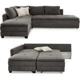luma-home Federkern Ecksofa Doppelbett Dauerschläfer Bettkasten, Couch Cord Grau Anthrazit & 15163 - Dunkelgrau/Grau