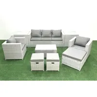 Polyrattan Sitzgruppe Mit Rechteckiger Couchtisch 2 Sesseln 3 Fußhockern 2 Beistelltischen Hellgrau Gemischt - Fimous