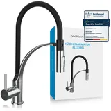 Bächlein Küchenarmatur Assaranco – 360 Grad schwenkbar (Chrom) – Einhand-Spültischbatterie mit flexiblem Hals und Brause mit Umschalt-Taste, Küchen-Wasserhahn mit magnetischer Halterung