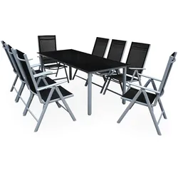 Gartensitzgruppe Bern 9-tlg 8 Personen Silber Alu Schwarz Glas