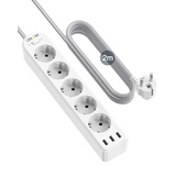 LENCENT 5 Fach Steckdosenleiste 8 in 1 Mehrfachsteckdosen Steckerleiste 4000W mit 3 USB, Schalter, USB Mehrfachstecker 16A mit 2 Meter Geflochtenem Kabel für Steckdose Wandsteckdose, Weiß