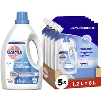 Sagrotan Wäsche-Hygienespüler Frisch, Waschmittel-Zusatz - 1,5 L & Sagrotan Wäsche-Hygienespüler Himmelsfrische Nachfüller 5 x 1,2l