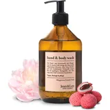 Jean&Len Jean & Len Hand & Body Wash Pfingstrose & Litschi, reinigt und pflegt die Haut beim Waschen, blumig-zarter Duft, Duschgel & Seife, ohne Parabene, Silikone & Mikroplastik, vegan, Glasflasche 500 ml