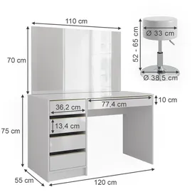 Vicco Schminktisch Sherry Weiß Hochglanz Gold 120 x 75 cm mit Hocker