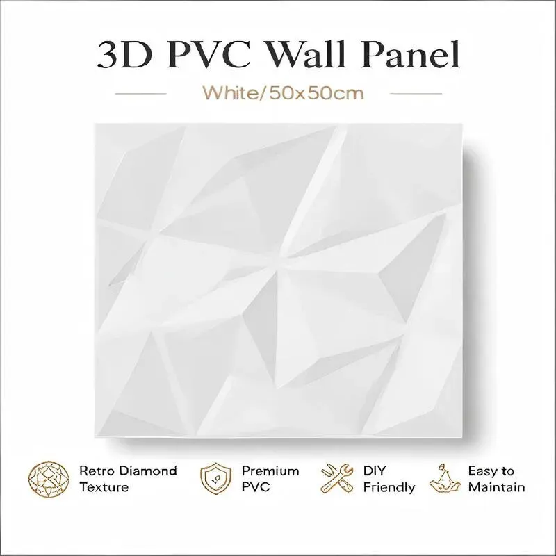 3D-Wandpaneele für Innendekoration, Antikes Diamantmuster PVC-Dekorplatten, Weiße Wandfliesen (12 Stück, 50x50cm)