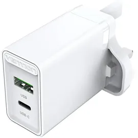 Vention UK-Netzladegerät mit 2 Anschlüssen USB-A und USB-C (18W/20W) Schnellladegerät Weiß