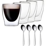 DUOS® Espressotassen Set 4x 80ml + 4x Löffel - Espresso Gläser, Espresso Tassen, Doppelwandige Gläser, Espressotasse, Espressotassen Glas, Thermogläser Doppelwandig Latte Macchiato Gläser Doppelwandig